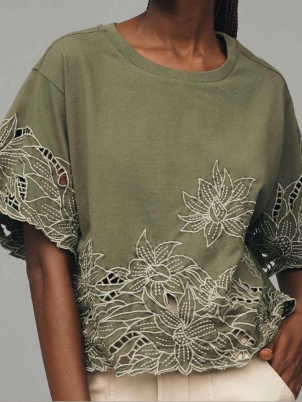 Anthropologie Olive Green Embroidered Cutwork Short Sleeve Top